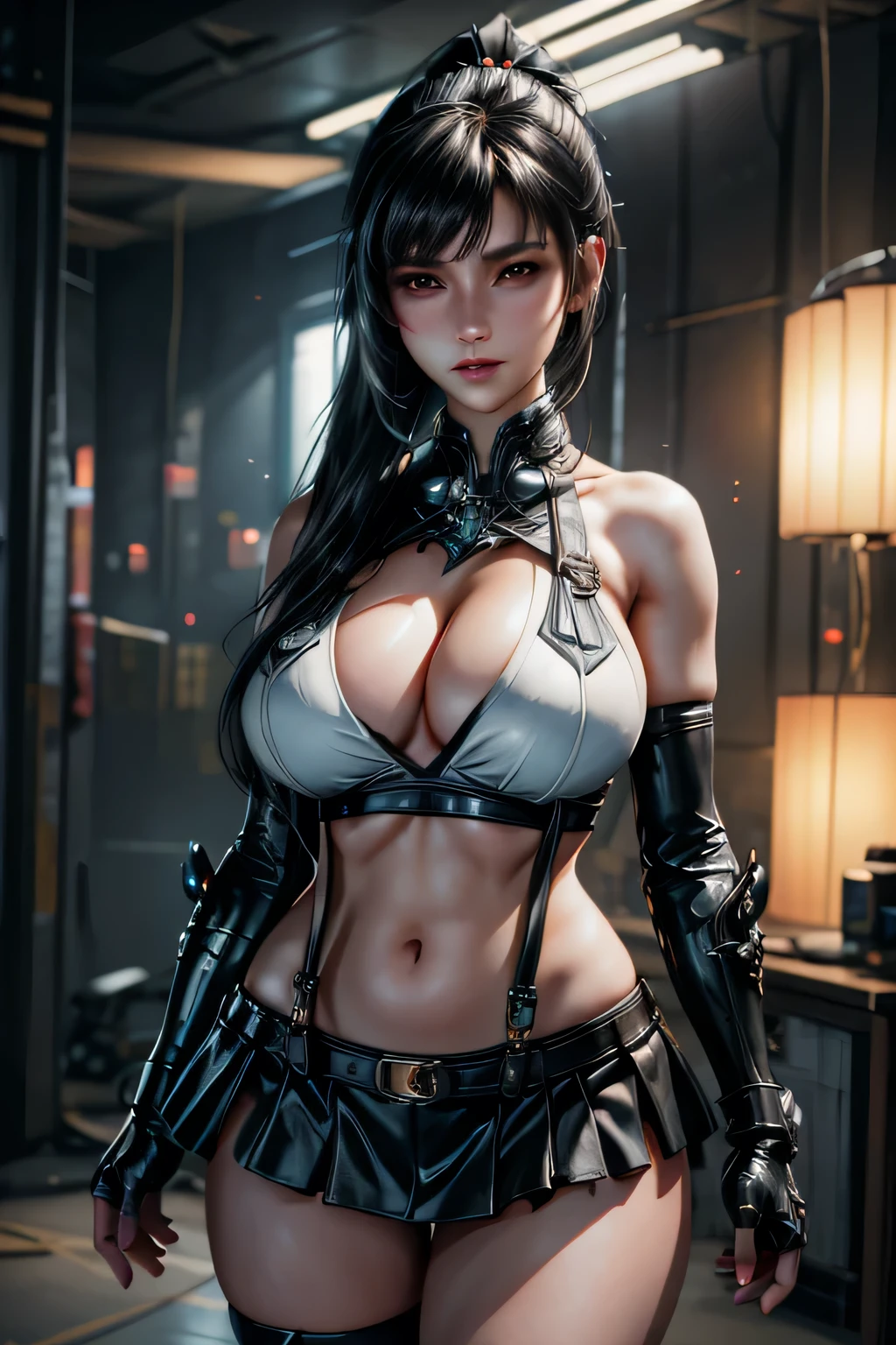 (((eve from stellar blade))), Sexy sci-fi girl,Dynamic sexy action pose, ponytail, (8k, best quality, masterpiece:1,2), (realistic, photo-realistic:1,37), top quality, masterpiece, a beautiful woman, beautiful and tight body, tight clothes, cleavage, a little tattoo on the chest, a charming smile with dimples Tifa Lockheart long black hair, wearing a black leather pleeted mini skirt and white halter top with suspenders, full body portrait, thick thighs, toned body,breasts, life like, high definition, high resolution, dynamic pose, delicate face, vibrant eyes, long hair, expressive hair, purple eyes, shy, blush, parted lips, heavy breathing, sparkle, god rays, super detail, high quality, anatomically correct, textured skin, best quality,full body portrait, guweiz on artstation pixiv, photo realism, ultra high detail, rich detail, sensual expression, resolution 4098x2160, 8k white haired deity,cinematic lighting, glowing light, god rays, ray tracing, reflection light, backlighting, blending, drop shadow, 360 view, UHD, masterpiece, ccurate, anatomically correct, super detail, high details, high quality, award winning, best quality, highres, 16k , ((looking up)), (big boobs), (naked boobs), ((viewer looking down))