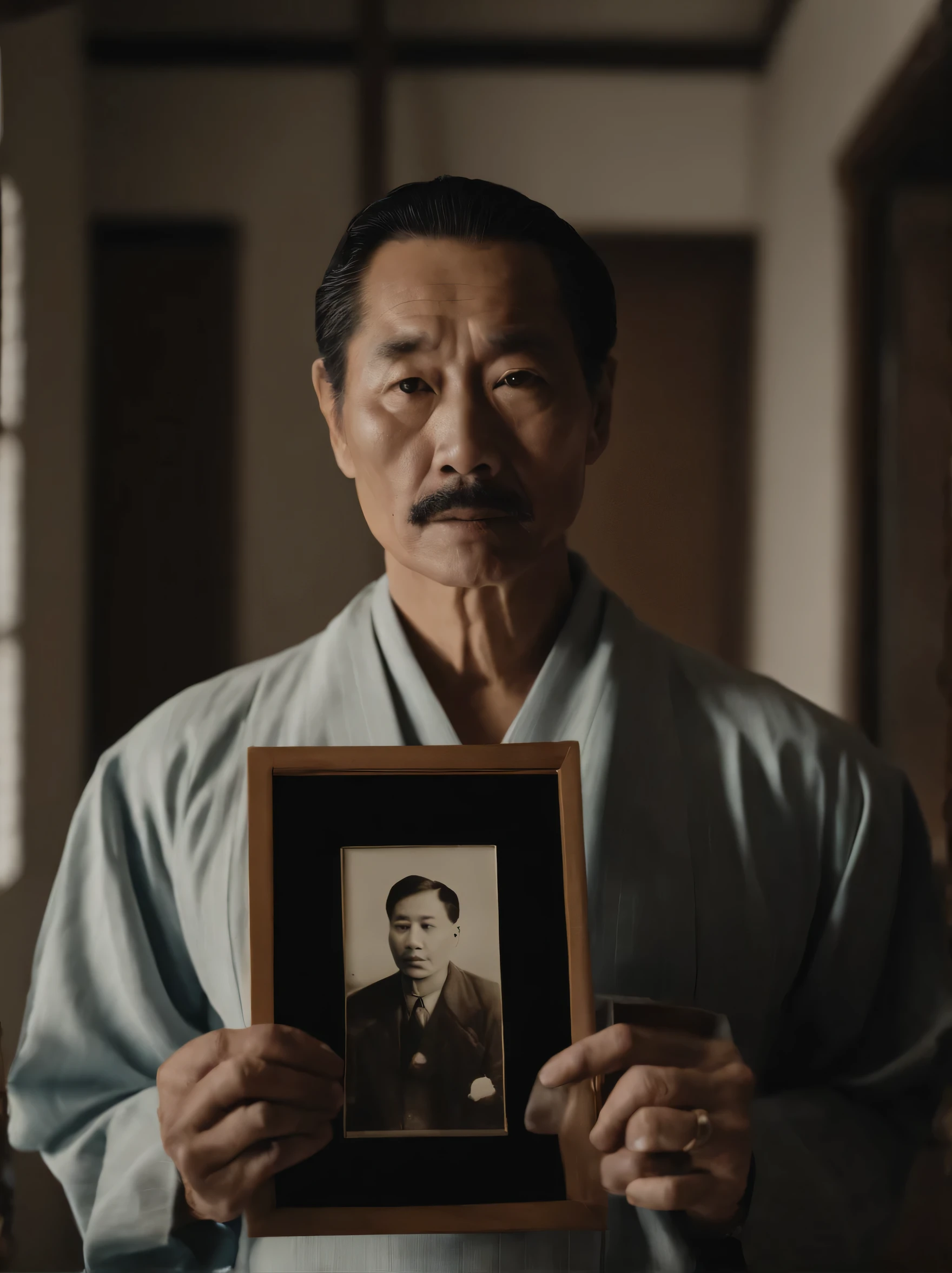 Death row man holding a photo of his father in a visiting room at the detention center, the photo the death row inmate is holding is a portrait of his father who died in the Pacific War, inspired by Kano Eitoku, Unsplash, Shinhanga, 2021 movie 4K frame grab, old woman, Japanese man in prison, ancestors, movie screenshot, movie. by Leng Jun, vintage photography, trending photos of 2019, movie highlight scene