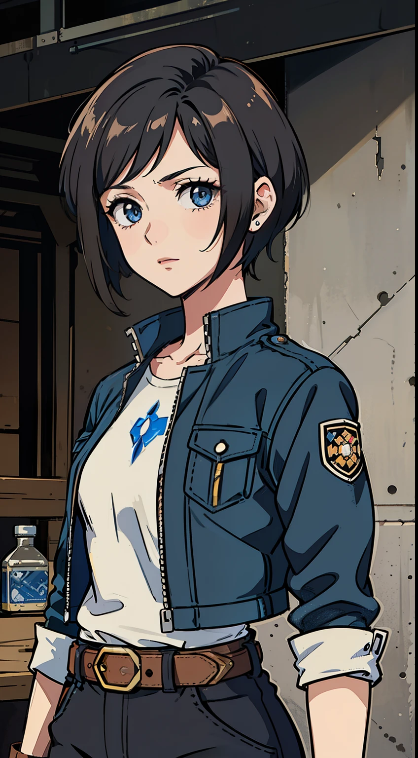 (high-quality, breathtaking),(expressive eyes, perfect face) Symmetrical Eyes, portrait, Star Wars Universe, 1girl, female, adult, mechanic, punk jacket, shirt, short sleeved, gloves, pants, belt, wrench, crystals on belt, messy hair, black hair color, brown eye color, medium hair length, stylized hairstyle, pixie haircut, tall, technician outfit, engineer, workshop background, work bench, tools, mature, narrow eyes, scars
