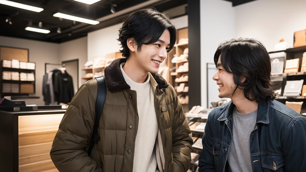 (masterpiece:1.2), (high quality:1.2), (high resolution:1.2), a 24-year-old Japanese man with curly black hair smiling and talking with a 22-year-old Japanese shop assistant with black hair in a fashion store, fashionable clothes, modern interior, warm lighting, realistic, detailed faces, natural expressions, friendly atmosphere