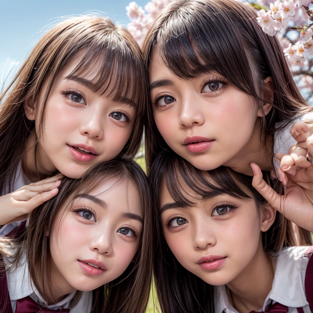 Best_Quality, HDR, masterpiece, Hi-Res, (realistic and photorealistic with touch of rawness:1.37), (group photo:1.6), (((SchoolGirls Surrounding the camera in Upward composition))), Panoramic, (Filled with many Faces), (NOGIZAKA face variations:1.4), { Looking down at the camera | (Kissing face to face) }, (((close:1.2, Face closeup from below:1.4))), (((Sky background)) with CherryBlossoms) . BREAK  Extremely Detailed KAWAII face variations, captivating gaze, elaborate detailed Eyes with (sparkling highlights:1.2), long eyelashes、Glossy RED Lips with beautiful details, Coquettish tongue, Rosy cheeks, Glistening ivory skin . { (Dynamic joyful expressions) | (:D) | (Kissing) | Tongue out }, {  hair | Updos | OKAPPA }, Chil SchoolUniform .