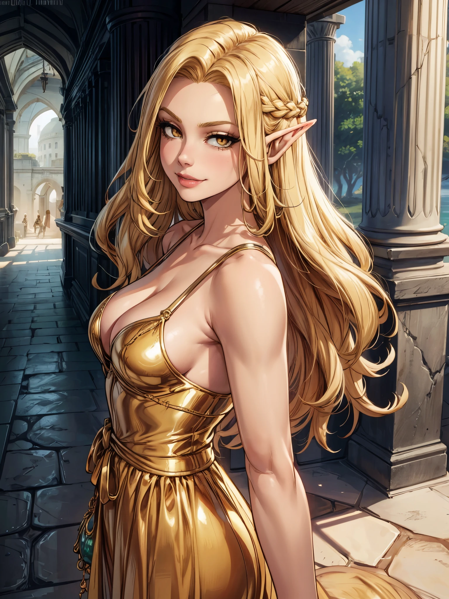 Female elf, Golden blonde hair, long hair with accessories, gold eyes, in an ancient city of golden sand, fantasy character, smirk, sultry look, seductive, 