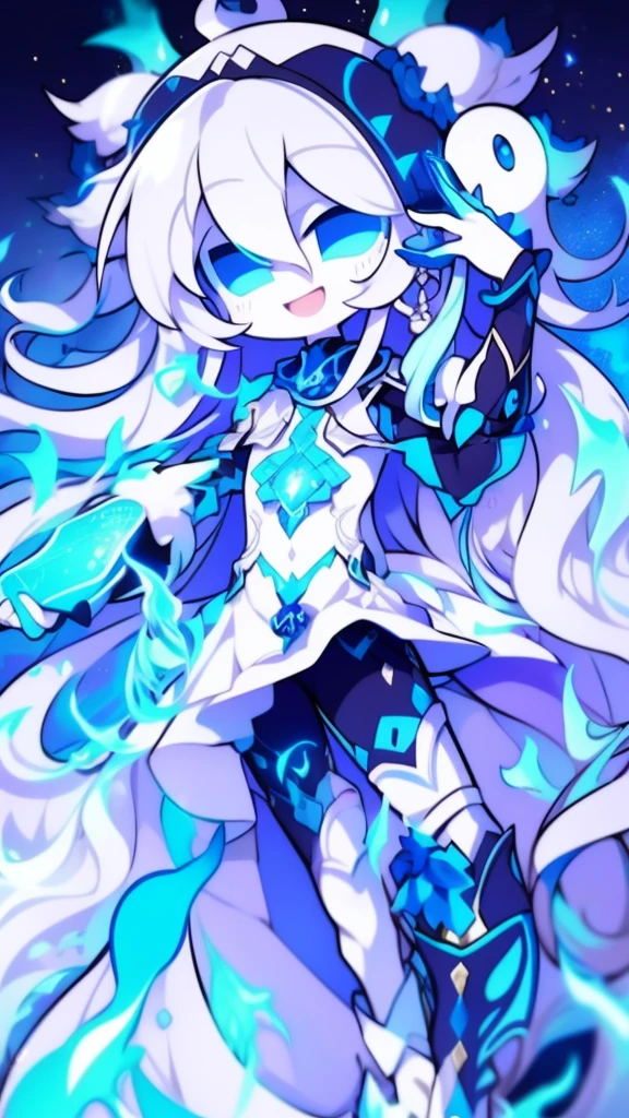 Girl, K HD, 4K, expressionless, anime style, blue eyes, white hair, ((full body)), puzzled eyes, (deformer character) Masterpiece, highest quality, ultra-definition, 4K, ultra-definition illustration, high resolution Beautiful face and eyes , light blue color scheme, lighting, fantasy, solemn atmosphere, long hair, waving hair, smile, fighting posture, dynamic pose, particle light, luminescence, plasma, electric current, blue flame, sense of depth, dynamic angle,