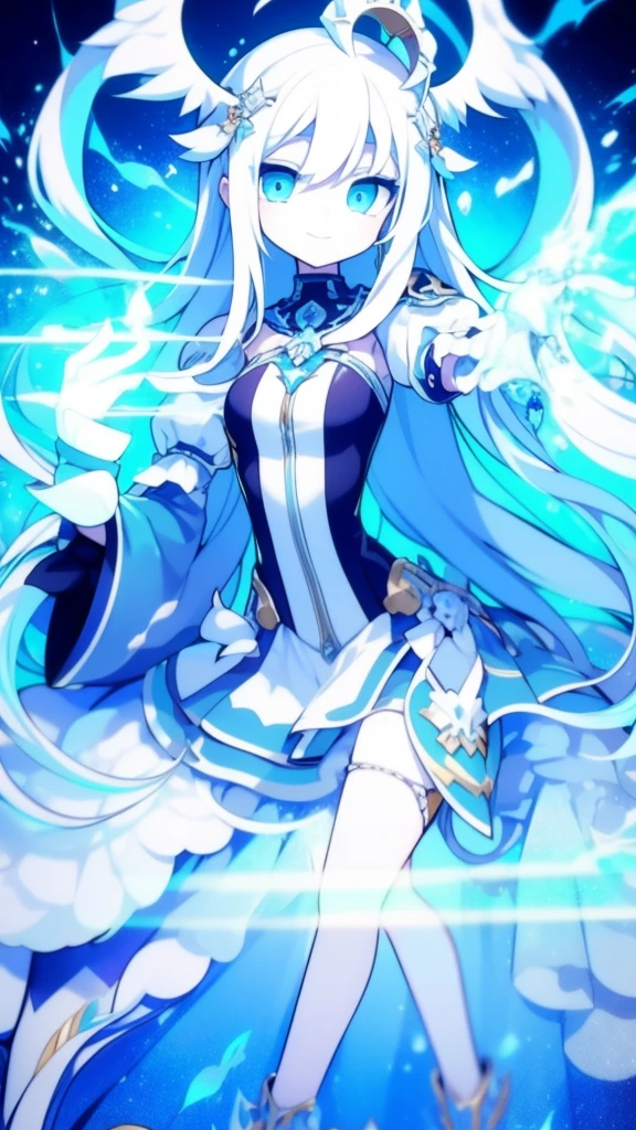 Girl, K HD, 4K, expressionless, anime style, blue eyes, white hair, ((full body)), puzzled eyes, (deformer character) Masterpiece, highest quality, ultra-definition, 4K, ultra-definition illustration, high resolution Beautiful face and eyes , light blue color scheme, lighting, fantasy, solemn atmosphere, long hair, waving hair, smile, fighting posture, dynamic pose, particle light, luminescence, plasma, electric current, blue flame, sense of depth, dynamic angle,