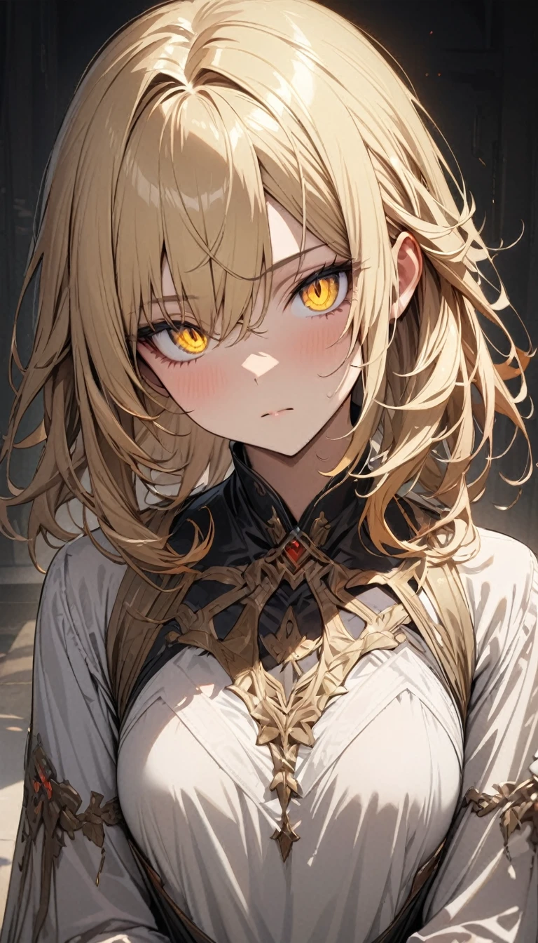 a handsome girl, blond hair, wolf cut hair, yellow eyes, expressionless, masterpiece, best quality, ultra detailed, detailed eyes,