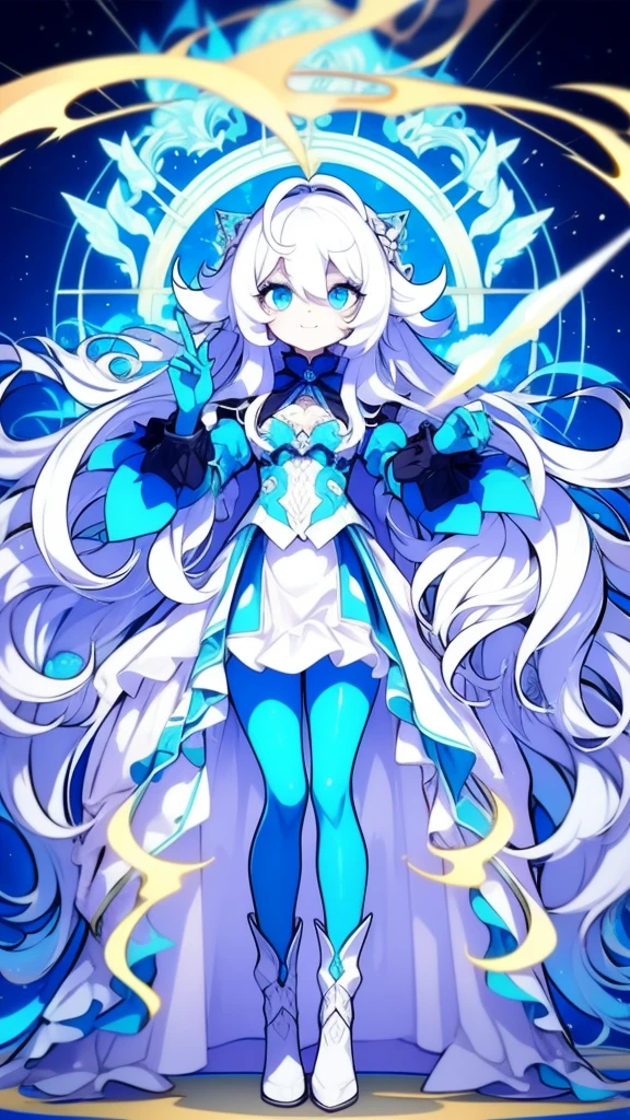 Girl, K HD, 4K, expressionless, anime style, blue eyes, white hair, ((full body)), puzzled eyes, (deformer character) Masterpiece, highest quality, ultra-definition, 4K, ultra-definition illustration, high resolution Beautiful face and eyes , light blue color scheme, lighting, fantasy, solemn atmosphere, long hair, waving hair, smile, fighting posture, dynamic pose, particle light, luminescence, plasma, electric current, blue flame, sense of depth, dynamic angle,