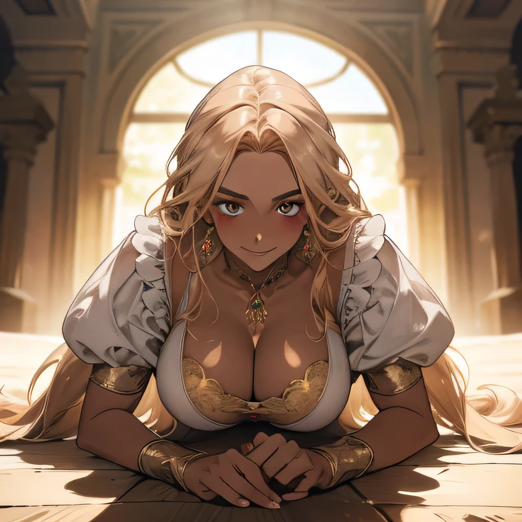(Best image quality),masterpiece,8k wallpaper,One Woman,22 years old,Europe,((German folk costume)),(Blonde,Golden eyebrows),((Large Breasts)),Cleavage,((Brown Skin:1.4)),.On all fours,Looking up at the audience,Captivating smile,Pink Cheeks,The background is a German village,Natural soft light,frontage,70 degree angle of view