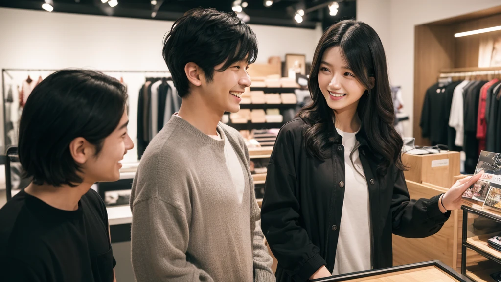 (masterpiece:1.2), (high quality:1.2), (high resolution:1.2), (((one man and woman))), a 24-year-old Japanese man with curly black hair smiling and talking with a 22-year-old Japanese shop assistant with black hair in a fashion store, fashionable clothes, modern interior, warm lighting, realistic, detailed faces, natural expressions, friendly atmosphere