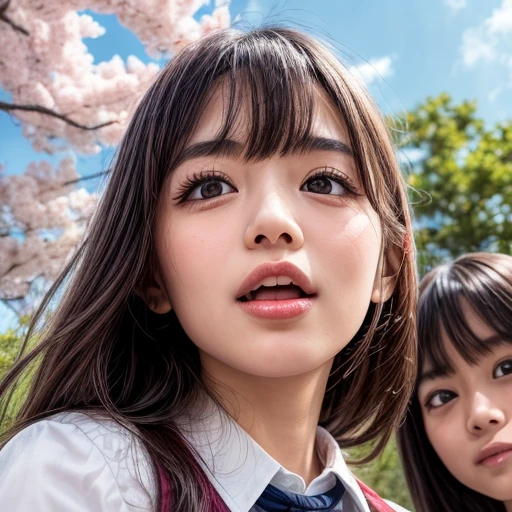 Best_Quality, HDR, masterpiece, Hi-Res, (realistic and photorealistic with touch of rawness:1.37), (group photo:1.6), (((SchoolGirls Surrounding the camera in Upward composition))), Panoramic, (Filled with many Faces), (NOGIZAKA face variations:1.4), { Looking down at the camera | (Kissing face to face) }, (((close:1.2, Face closeup from below:1.4))), (((Sky background)) with CherryBlossoms) . BREAK  Extremely Detailed KAWAII face variations, captivating gaze, elaborate detailed Eyes with (sparkling highlights:1.2), long eyelashes、Glossy RED Lips with beautiful details, Coquettish tongue, Rosy cheeks, Glistening ivory skin . { (Dynamic joyful expressions) | (:D) | (Kissing) | Tongue out }, {  hair | Updos | OKAPPA }, Chil SchoolUniform .