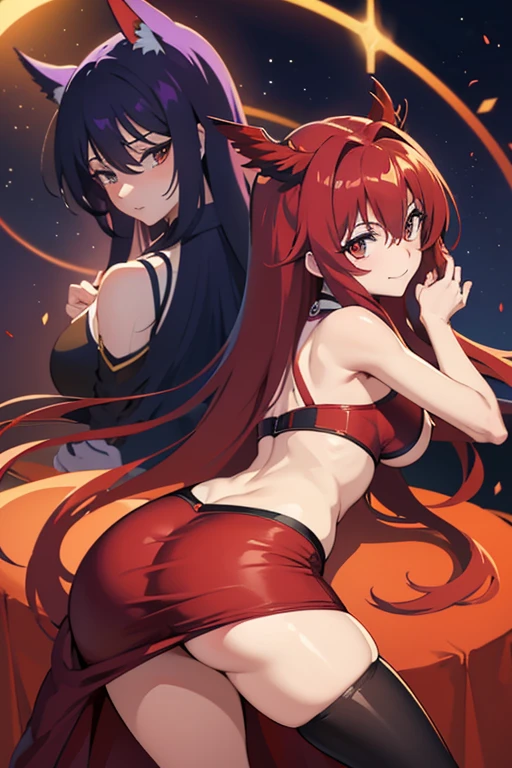 duas garotas, Rias Gremory (High School DxD), Akeno himejima (High School DxD), pose sensual, empinando a bunda para a tela, bunda grande, peito grande, roupa de coelho, hands lifting the ass, cabelo vermelho, cabelo preto