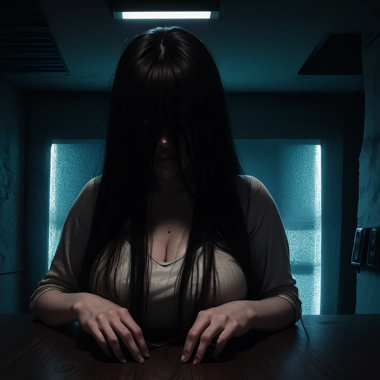 (obra maestra:1.1, mejor calidad:1.1, 16k hdr, high resolution), (1 chica en, Solo), Retrato ultrarrealista de Sadako Yamamura, el anillo, pelo negro, pelo largo, (((Super long bangs, Both eyes are hidden due to super long bangs., flequillo ultra largo sobre los ojos))), teta grande, gran escote, Pechos grandes, enorme teta, en el edificio abandonado, dark atmosphere, textura de piel realista, (Estilo de cuerpo delgado perfecto, vestido rojo, pies descalzos, Sin zapatos), solo parado,