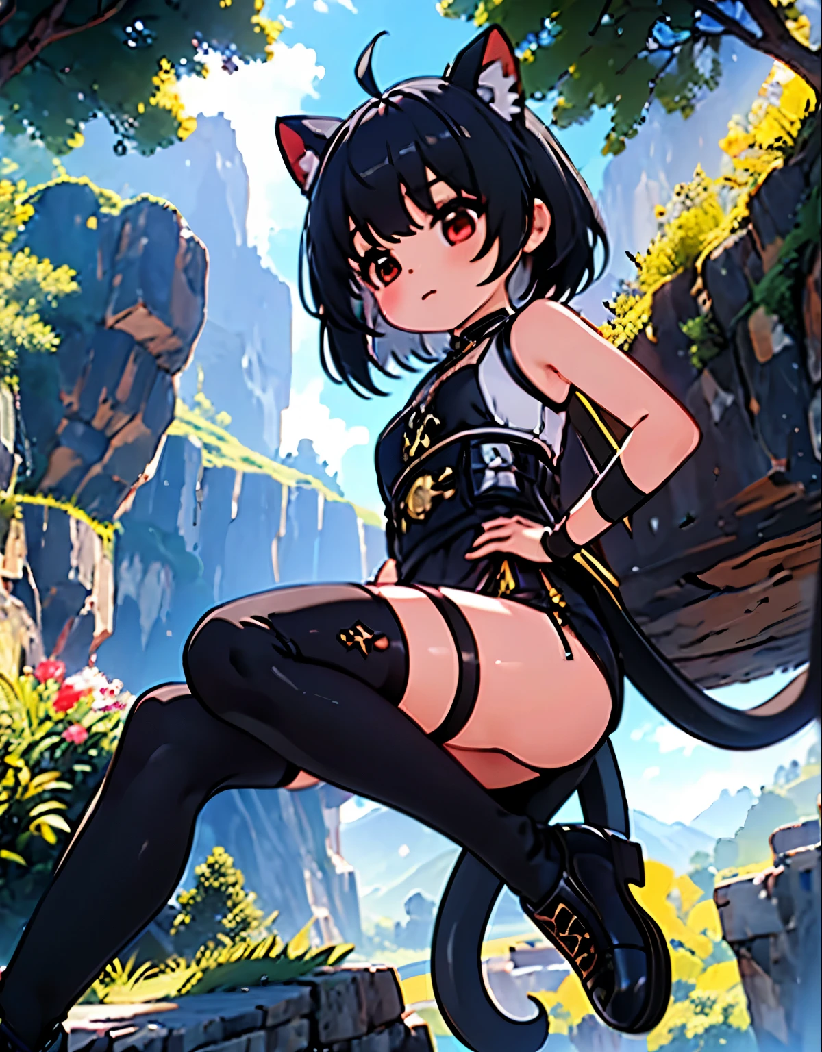 (mejor calidad,4k,8K,high resolution,obra maestra:1.2),ultra detallado,(realista,photorealista,photo-realista:1.37),una chica junkotvv,pelo largo, pelo negro, red eyes, orejas de gato, ,(((escalada en solitario gratis))), ((manos en el acantilado)), ((Levantar la cabeza)), ((sudor)), ((pelo revoloteando)), ((zapatillas)), ((durante)), (top corto), (bermudas), funda, niebla, cielo, selva, Canyon, high cielo, femaleroverdef
thighhighs, gloves, bare shoulders, shorts, sleeveless, black thighhighs, fingerless gloves,ahoge,thighhighs,