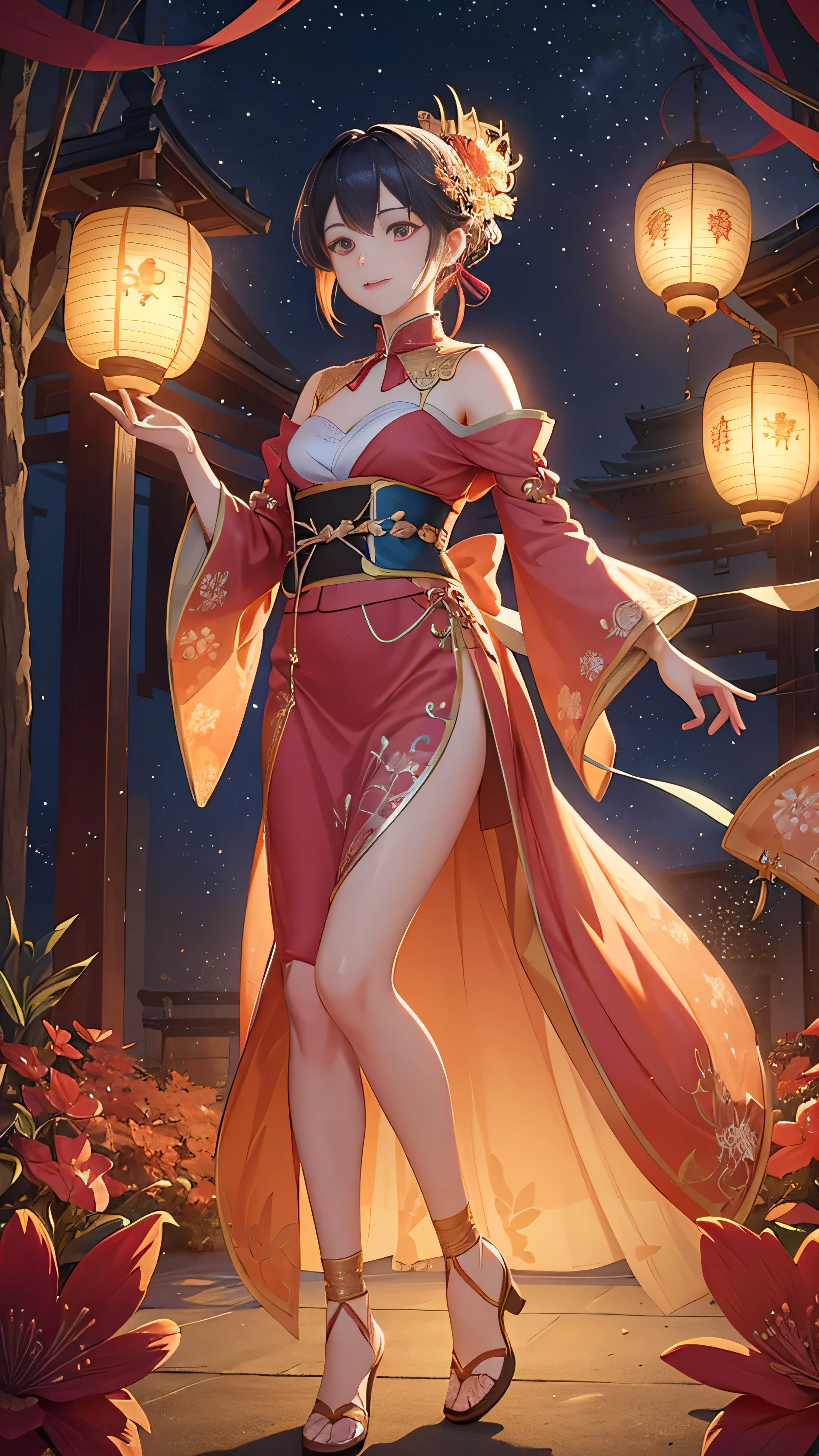A captivating digital illustration of an androgynous anime character, adorned in a colorful lace and velvet dress, stands against a backdrop of a vibrant festival of lanterns. The character's beautiful face, with light orange eyes that sparkle with joy, radiates a very happy expression. The detailed background, filled with intricate patterns and beautiful colors, creates an enchanting ambiance similar to Kyoto Animation.
The 3D effect, enhanced by Octane render, offers a luminous and three dimensional look, with soft anime tones that emphasize the delicate and whimsical lighting. The character's playful body manipulations are accentuated by the