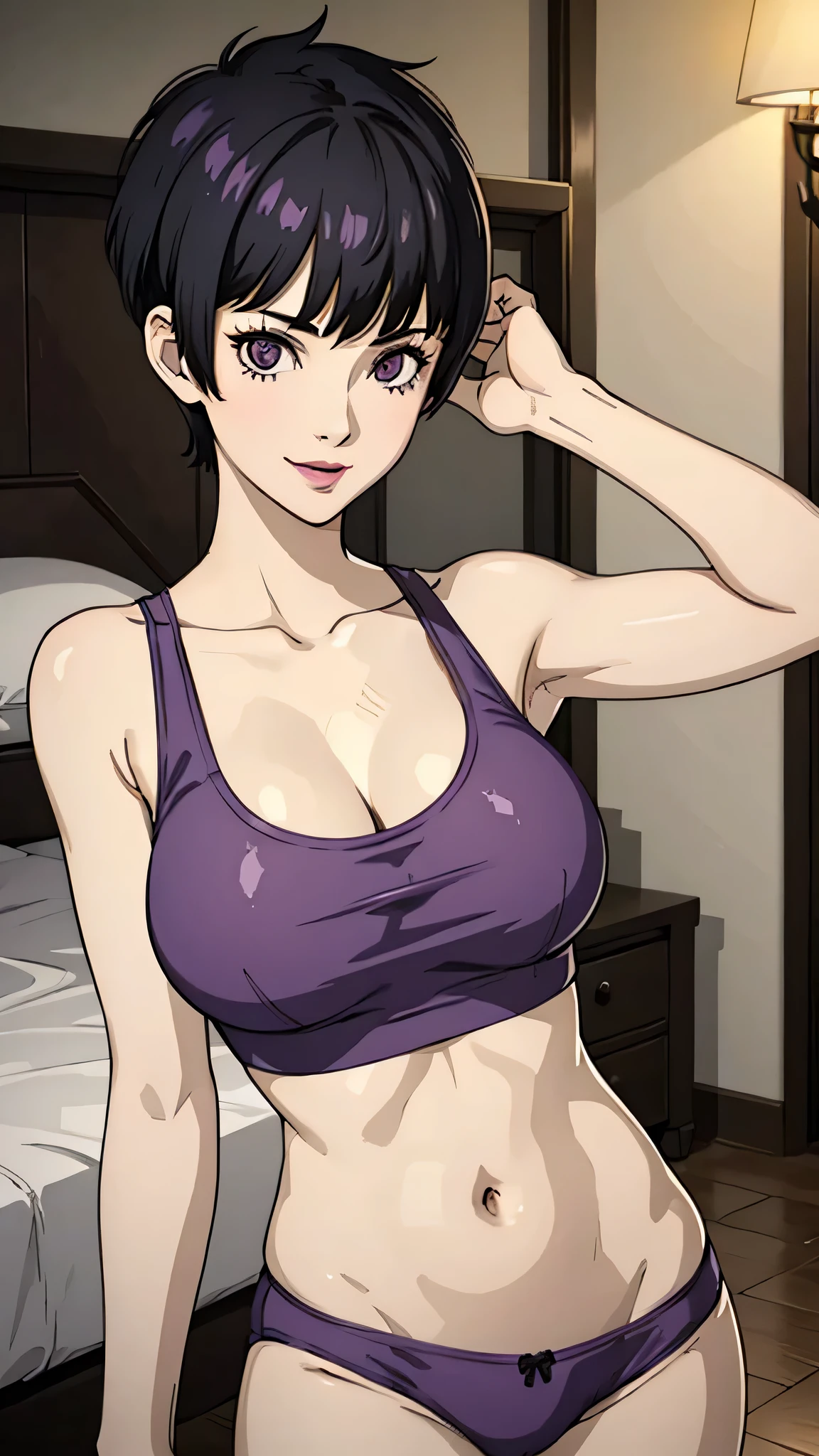 1 girl, milf, purple eyes,tomboy Pixie haircut, spiked hair, spiked hair, very Short hair, wolfcut hair  lipstick, cowboy shot, smile, black hair, pubic hair, huge breast, white micro underwear, white tank top, belly, bedroom