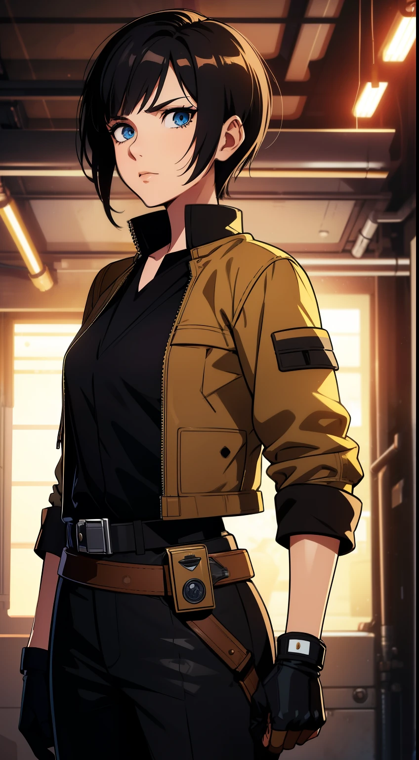 (high-quality, breathtaking),(expressive eyes, perfect face) Symmetrical Eyes, portrait, Star Wars Universe, 1girl, female, adult, mechanic, punk jacket, shirt, short sleeved, gloves, pants, belt, wrench, crystals on belt, messy hair, black hair color, brown eye color, medium hair length, stylized hairstyle, pixie haircut, tall, technician outfit, engineer, workshop background, work bench, tools, mature, narrow eyes, scars, space ship interior background
