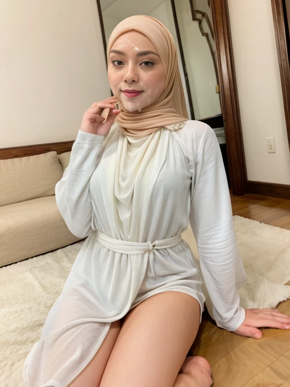 25 years old, sleeveless, tight light khaki skirt, openlegs, skinny, teasing, office, waist shot, light khaki hijab, pale skin, late night, lying on table, head on pillow, hand on head, screaming, light pink underwear