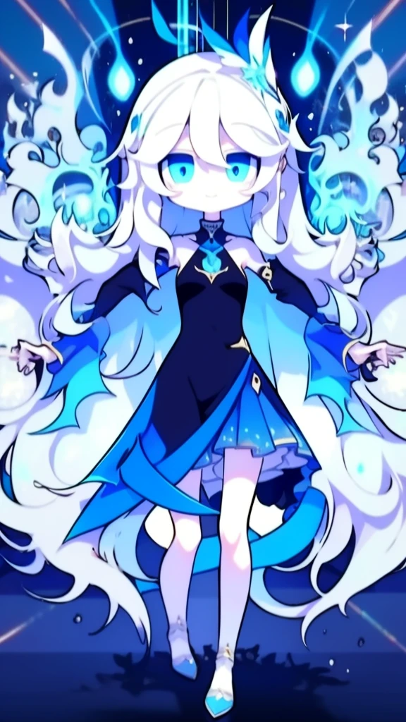 Girl, K HD, 4K, expressionless, anime style, blue eyes, white hair, ((full body)), puzzled eyes, (deformer character) Masterpiece, highest quality, ultra-definition, 4K, ultra-definition illustration, high resolution Beautiful face and eyes , light blue color scheme, lighting, fantasy, solemn atmosphere, long hair, waving hair, smile, fighting posture, dynamic pose, particle light, luminescence, plasma, electric current, blue flame, sense of depth, dynamic angle,