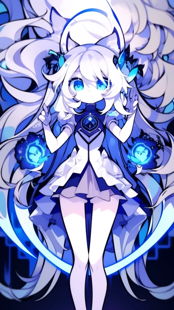 Girl, K HD, 4K, expressionless, anime style, blue eyes, white hair, ((full body)), puzzled eyes, (deformer character) Masterpiece, highest quality, ultra-definition, 4K, ultra-definition illustration, high resolution Beautiful face and eyes , light blue color scheme, lighting, fantasy, solemn atmosphere, long hair, waving hair, smile, fighting posture, dynamic pose, particle light, luminescence, plasma, electric current, blue flame, sense of depth, dynamic angle,