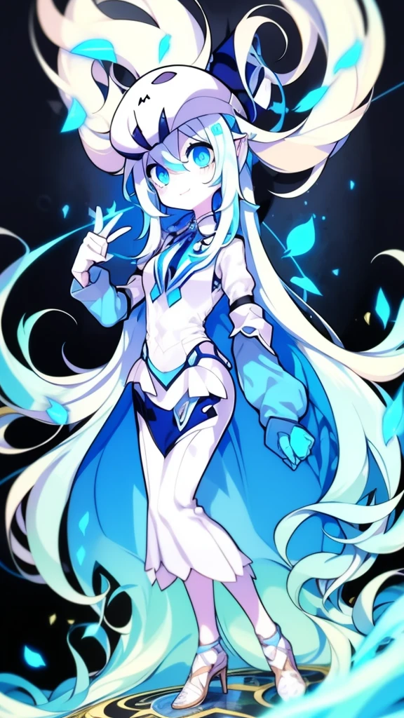 Girl, K HD, 4K, expressionless, anime style, blue eyes, white hair, ((full body)), puzzled eyes, (deformer character) Masterpiece, highest quality, ultra-definition, 4K, ultra-definition illustration, high resolution Beautiful face and eyes , light blue color scheme, lighting, fantasy, solemn atmosphere, long hair, waving hair, smile, fighting posture, dynamic pose, particle light, luminescence, plasma, electric current, blue flame, sense of depth, dynamic angle,