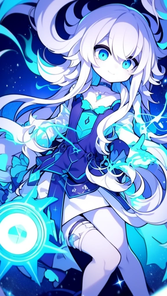 Girl, K HD, 4K, expressionless, anime style, blue eyes, white hair, ((full body)), puzzled eyes, (deformer character) Masterpiece, highest quality, ultra-definition, 4K, ultra-definition illustration, high resolution Beautiful face and eyes , light blue color scheme, lighting, fantasy, solemn atmosphere, long hair, waving hair, smile, fighting posture, dynamic pose, particle light, luminescence, plasma, electric current, blue flame, sense of depth, dynamic angle,