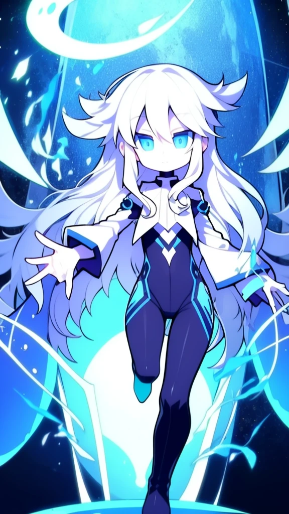 Girl, K HD, 4K, expressionless, anime style, blue eyes, white hair, ((full body)), puzzled eyes, (deformer character) Masterpiece, highest quality, ultra-definition, 4K, ultra-definition illustration, high resolution Beautiful face and eyes , light blue color scheme, lighting, fantasy, solemn atmosphere, long hair, waving hair, smile, fighting posture, dynamic pose, particle light, luminescence, plasma, electric current, blue flame, sense of depth, dynamic angle,