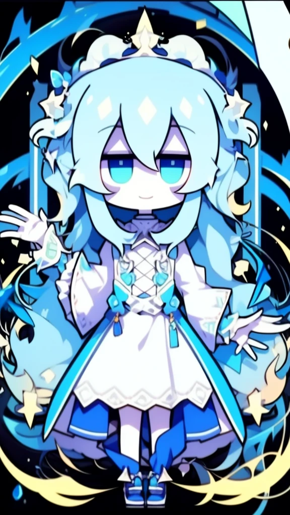 Girl, K HD, 4K, expressionless, anime style, blue eyes, white hair, ((full body)), puzzled eyes, (deformer character) Masterpiece, highest quality, ultra-definition, 4K, ultra-definition illustration, high resolution Beautiful face and eyes , light blue color scheme, lighting, fantasy, solemn atmosphere, long hair, waving hair, smile, fighting posture, dynamic pose, particle light, luminescence, plasma, electric current, blue flame, sense of depth, dynamic angle,