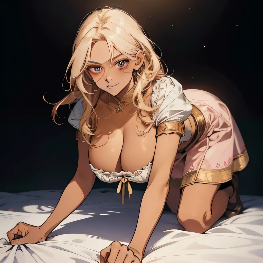 (Best image quality),masterpiece,8k wallpaper,One Woman,22 years old,Europe,((German folk costume)),(Blonde,Golden eyebrows),((Large Breasts)),Cleavage,((Brown Skin:1.4)),.On all fours,Looking up at the audience,Captivating smile,Pink Cheeks,The background is a German village,Natural soft light,frontage,70 degree angle of view