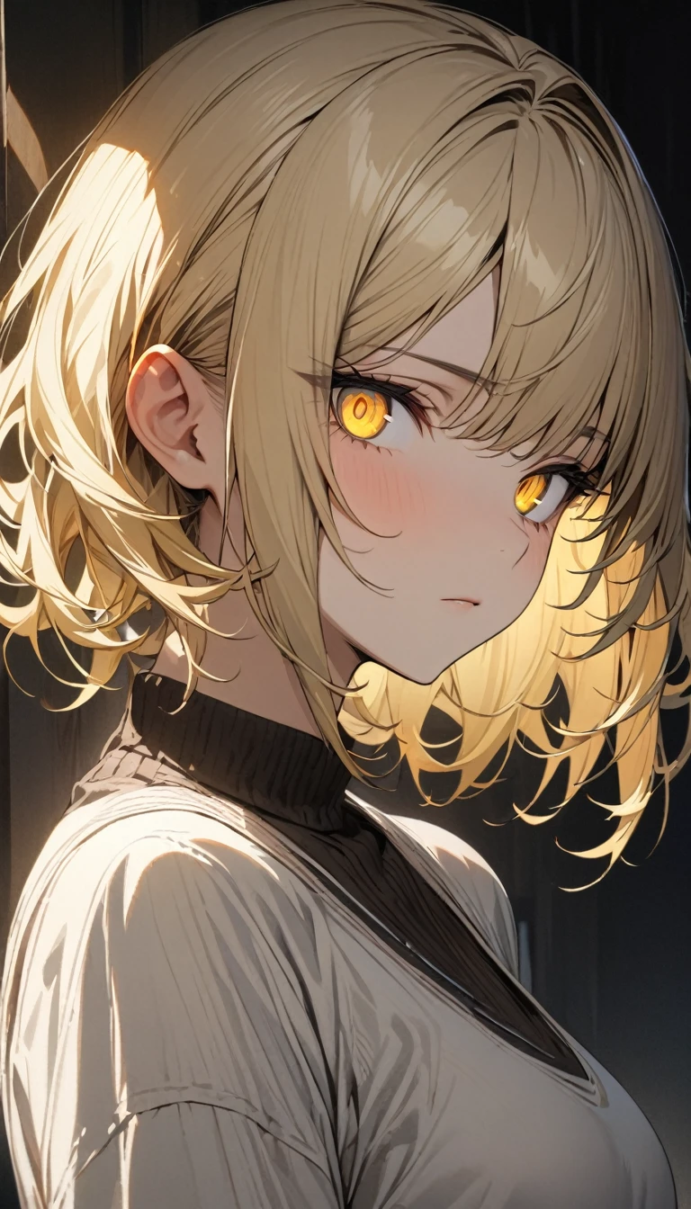a handsome girl, blond hair, wolf cut hair, yellow eyes, expressionless, masterpiece, best quality, ultra detailed, detailed eyes,