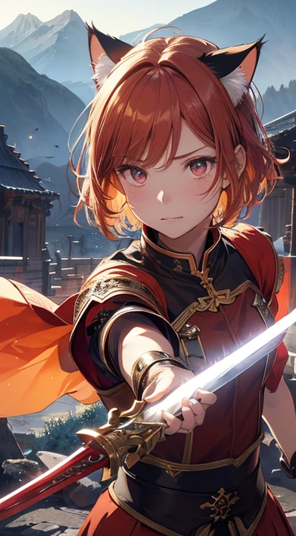 beautiful detail한 소녀, Clear and beautiful, glowing skin, girls, FEMALES, young, 20 years, cropped hair, short hair, beautiful detail glass hair, ((Wielding a Great Sword, fighting pose)) ((Greek costumes in bright red colors.)) beautiful detail, Cold face, Cold expression, beautiful detailed eyes, middle 가슴, Brown eyes, Complete Skin Texture, very good wallpaper 8KCG, very nice 8K CG wallpaper, Watercolor (middle), female warrior, (((cat ear))), Sword wielding, attacking position, levitation, (((dark, dark Night, deep night))) (((natural background, Mountains, wood))), ((On open air)), upper body section, The colors of the costumes are colorful and very rich..,