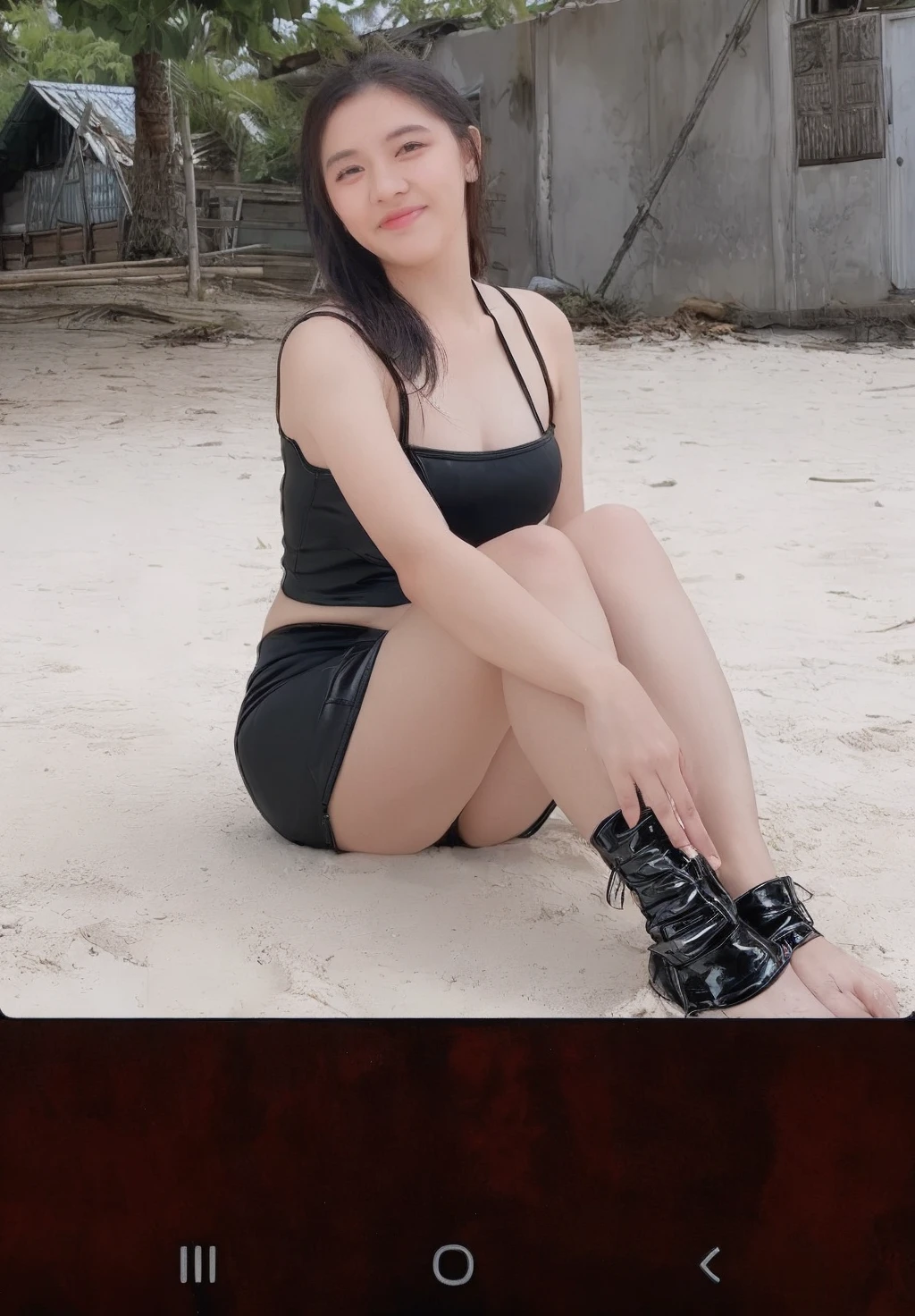 high angle, american shot, high quality, masterpiece photorealistic cinematography 8k, teenage woman with very dark blue-black hair, punk style hairstyle, sad expression, biting your lip, sitting looking towards the horizon, fitted black leather shorts, thick thighs, sensual hourglass body wide legs, natural texture,beautiful and perfect eyes of steel color,