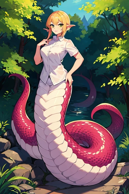 A female Lamia that has just shed its skin,
 Full Body Shot,
 beautiful,
 Wearing nothing,
 White skin like a goddess,
 Looking at me shyly.,