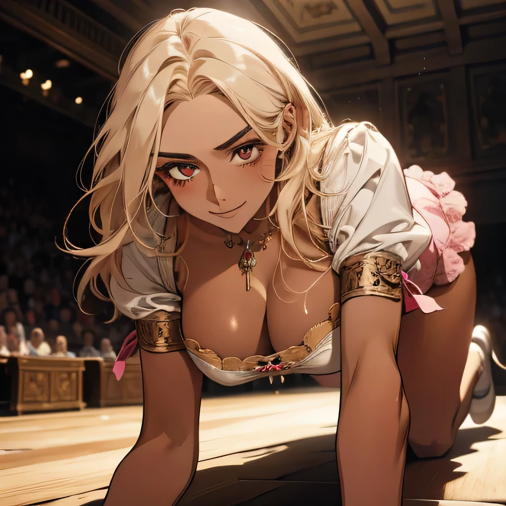 （Best image quality）,masterpiece,8k wallpaper,One Woman,22 years old,Europe,（（German folk costume））,(Blonde，Golden eyebrows)，((Large Breasts)),Cleavage,((Brown Skin:1.4)),.On all fours,Looking up at the audience,Captivating smile，Pink Cheeks，The background is a German village,Natural soft light,frontage,70 degree angle of view