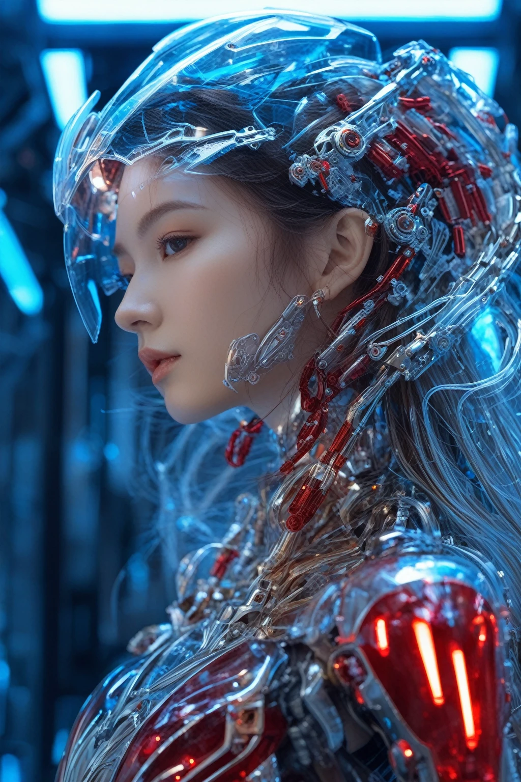 front_view, masterpiece, best quality, Reality, RAW photos, (1 Girl, looking at viewer), long hair, Transparent glass mecha, Complex textures, Delicate blue filigree, intricate filaments, red metal parts, Details, Dynamic poses, Detailed background, Dynamic Lighting,