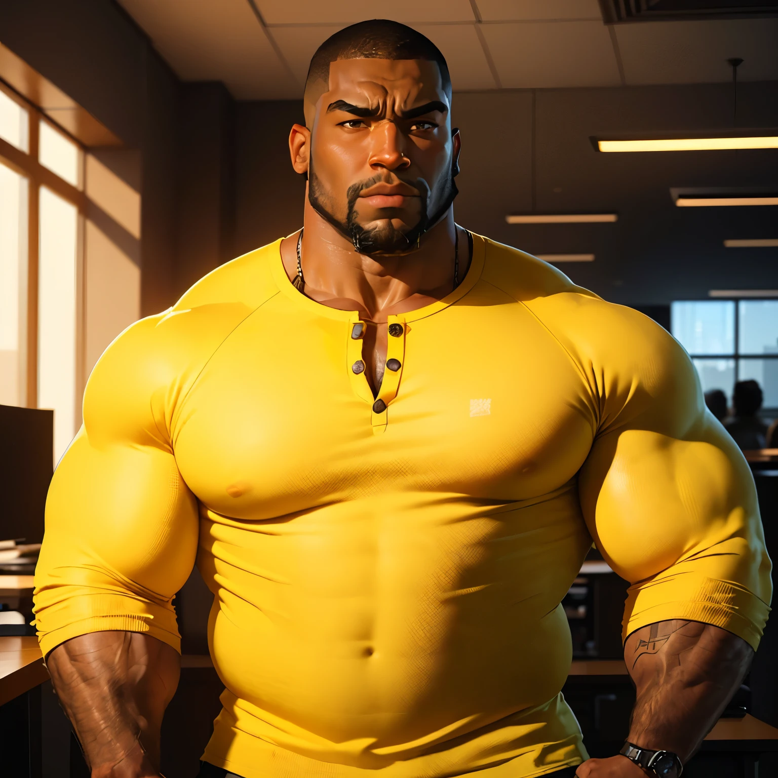 an exaggeratedly muscular and large bodyguard, beefy build, beard, dark-skinned african american male, buzzcut hair with square line, (confused expression: 1.2), (wearing yellow henley shirt: 1.2), (bara pecs: 1.3), beefy pecs, (arm and chest hair: 1.2), portrait HD, (fluorescent office building)