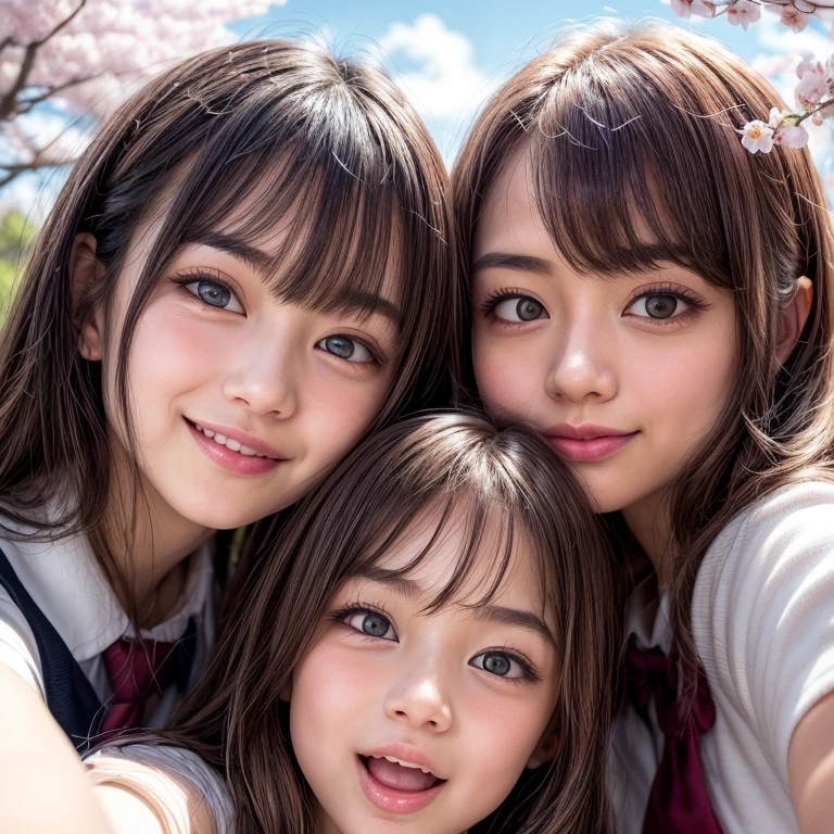 Best_Quality, HDR, masterpiece, Hi-Res, (realistic and photorealistic with touch of rawness:1.37), (group photo:1.6), (((SchoolGirls Surrounding the camera in Upward composition))), Panoramic, (Filled with many Faces), (NOGIZAKA face variations:1.4), { Looking down at the camera | (Kissing face to face) }, (((close:1.2, Face closeup from below:1.4))), (((Sky background)) with CherryBlossoms) . BREAK  Extremely Detailed KAWAII face variations, captivating gaze, elaborate detailed Eyes with (sparkling highlights:1.32), long eyelashes、Glossy RED Lips with beautiful details, Coquettish tongue, Rosy cheeks, Glistening ivory skin . { (Dynamic joyful expressions) | (:D) | (Kissing) | Tongue out }, { baby hair | Updos | OKAPPA }, Childish, SchoolUniform .