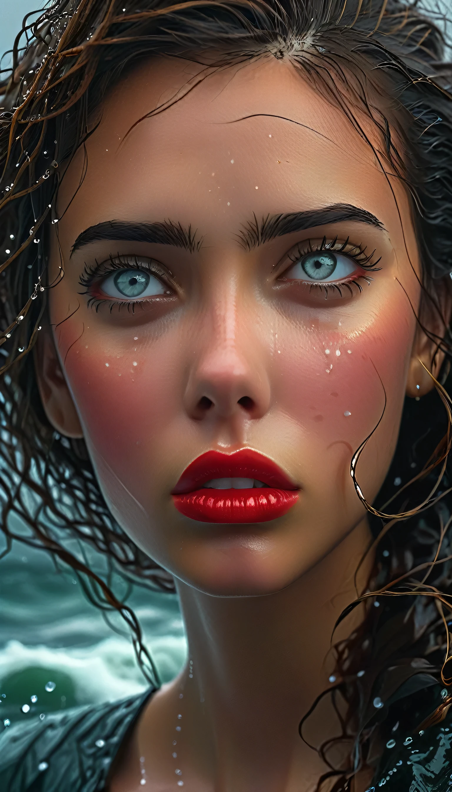 a girl in a stormy sea, realistic portrait, beautiful detailed eyes, beautiful detailed lips, extremely detailed eyes and face, long eyelashes, depression, feeling alone, fear of the unknown, tear-filled eyes, glimmer of hope, wondering if it gets better, (best quality,4k,8k,highres,masterpiece:1.2),ultra-detailed,(realistic,photorealistic,photo-realistic:1.37),HDR,UHD,studio lighting,ultra-fine painting,sharp focus,physically-based rendering,extreme detail description,professional,vivid colors,bokeh,portraits,realism,dramatic lighting,moody,somber,melancholic,cold colors,stormy sea