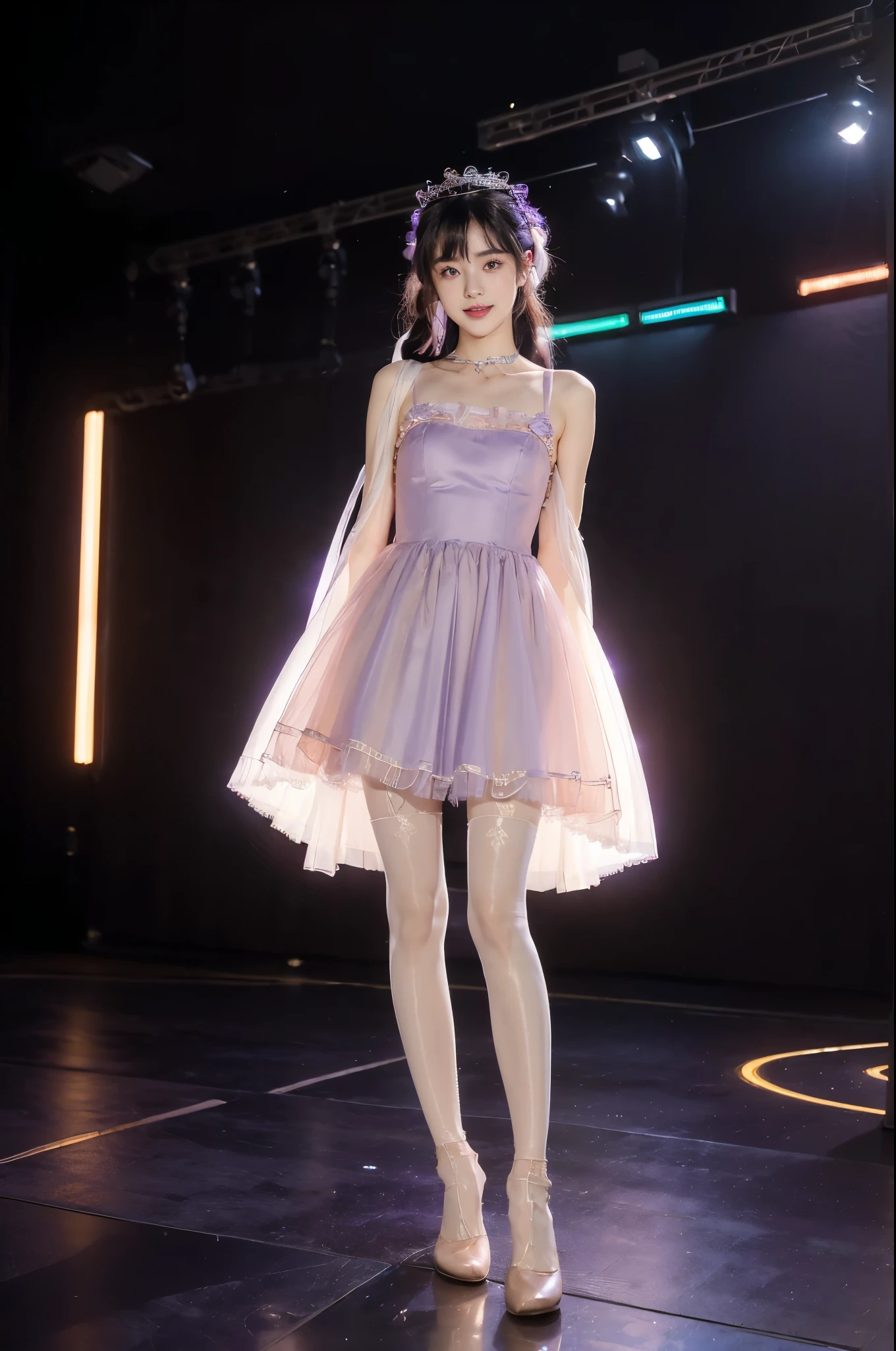 (Extremely meticulous CG),(((8k))),wallpaper,(Portrait above the chest:1.3),((Extremely refined and beautiful)),(((Masterpiece))),(((best qualtiy))),(((Ultra High Resolution))),beautiful light up,realistic shaded,(Smooth and flawless fair skin:1.5),(Extremely exquisite facial details:1.2),(ultra-detailed:1.5),((a beautiful girl,solo)),(Japanese age idol:1.3),(princess crown:1.3),(short ponytail:1.2),(bangs:1.3),(small head:1.2),(slender face:1.2),(Exquisite makeup:1.3),(smiling:1.2),(laughing:1.2),(blush:1.5),(perfect body:1.1),(collar:1.2),(bare legs:1.3),(Maxi dazzling purple Loliauze one-piece dress:1.5),(slender legs:1.3),(thigh plug:1.5),(nude pantyhose:1.5),(sneakers:1.2),((slim,thin)),(small breasts:1.2),(flat chests:1.2),(from front:1.3),(standing:1.3),(In the gorgeous theater:1.3),(on the stage:1.5),(lively atmosphere:1.3),(indoor:1.3),(colorful neon lights:1.3),(Cyberpunk style:1.3),(detailed background:1.5),(night scene:1.5),(full body:1.3),(arms behind back:1.2)