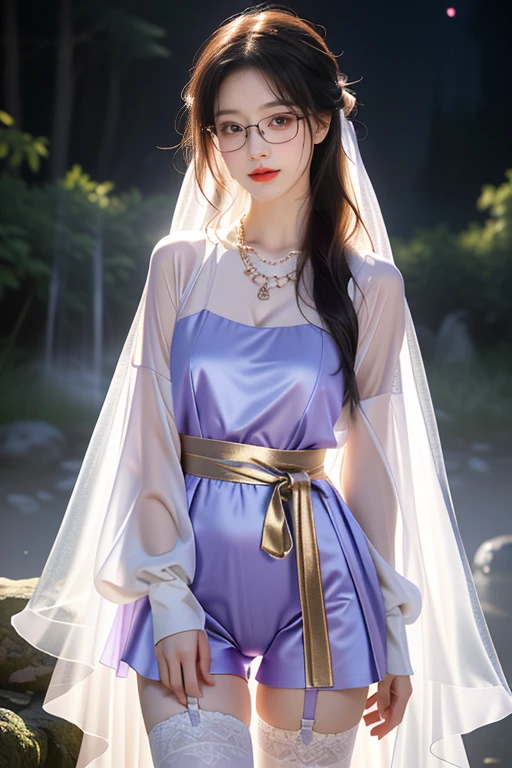 Guli Nazha,(8K Ultra HD、Digital SLR Camera、Soft Light、high quality、Volumetric Lighting、frank、photo、high resolution、4k、8K、Bokeh),(Rich details on the eyes and face,warm color, Very saturated colors,Show a charming smile, little cherry mouth, mouth closed, Balanced Eyes, Perfect face, Pretty Face, black eyes,Skin is transparent and visible, Shirasawa skin, cosmetic, (Glasses), necklace, Jewelry,veil,Hair accessories),(Create stunning images of real girls, warm light, Dynamic poses, Elegant Posture, Cowboy lens, Front full body,Look confident from the front,Body facing the camera,Standing,Open your legs slightly,Golden Ratio Graphics,Minimalism, ), (Deep mountain waterfall background under moonlight), Chinese female students,Messy Hairstyle,,Gradient hairstyles,Cyberpunk hairstyle,(Transparent clothes:1.5),Purple clothes,Fishnet Clothes,Transparent clothes, tights, Open pants,(Sexy,Perfect breast shape、Very detailed breasts,34E cup),No underwear,(High waist, Waist hollow, Levain),Flesh-colored socks.(Clear knee-length socks、garter、腿部garter)