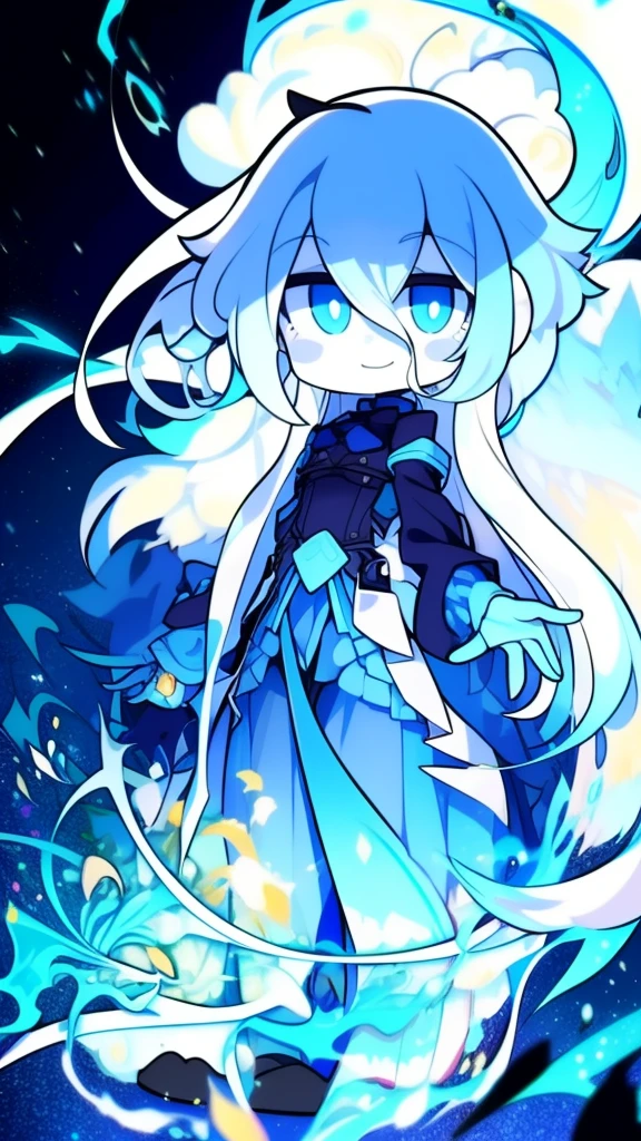 Girl, K HD, 4K, expressionless, anime style, blue eyes, white hair, ((full body)), puzzled eyes, (deformer character) Masterpiece, highest quality, ultra-definition, 4K, ultra-definition illustration, high resolution Beautiful face and eyes , light blue color scheme, lighting, fantasy, solemn atmosphere, long hair, waving hair, smile, fighting posture, dynamic pose, particle light, luminescence, plasma, electric current, blue flame, sense of depth, dynamic angle,