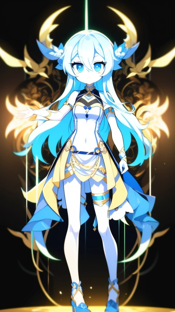 Girl, K HD, 4K, expressionless, anime style, blue eyes, white hair, ((full body)), puzzled eyes, (deformer character) Masterpiece, highest quality, ultra-definition, 4K, ultra-definition illustration, high resolution Beautiful face and eyes , light blue color scheme, lighting, fantasy, solemn atmosphere, long hair, waving hair, smile, fighting posture, dynamic pose, particle light, luminescence, plasma, electric current, blue flame, sense of depth, dynamic angle,