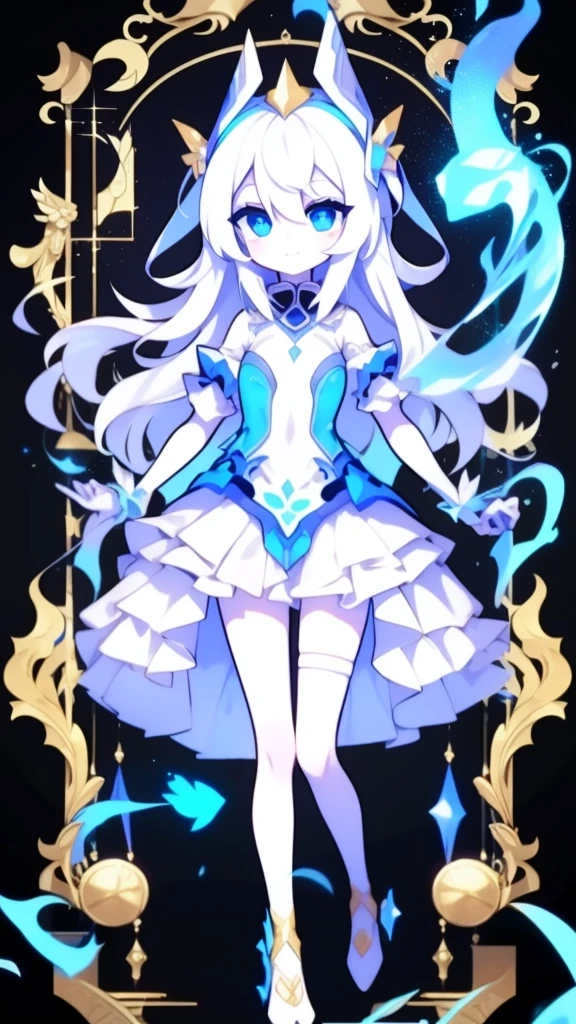 Girl, K HD, 4K, expressionless, anime style, blue eyes, white hair, ((full body)), puzzled eyes, (deformer character) Masterpiece, highest quality, ultra-definition, 4K, ultra-definition illustration, high resolution Beautiful face and eyes , light blue color scheme, lighting, fantasy, solemn atmosphere, long hair, waving hair, smile, fighting posture, dynamic pose, particle light, luminescence, plasma, electric current, blue flame, sense of depth, dynamic angle,