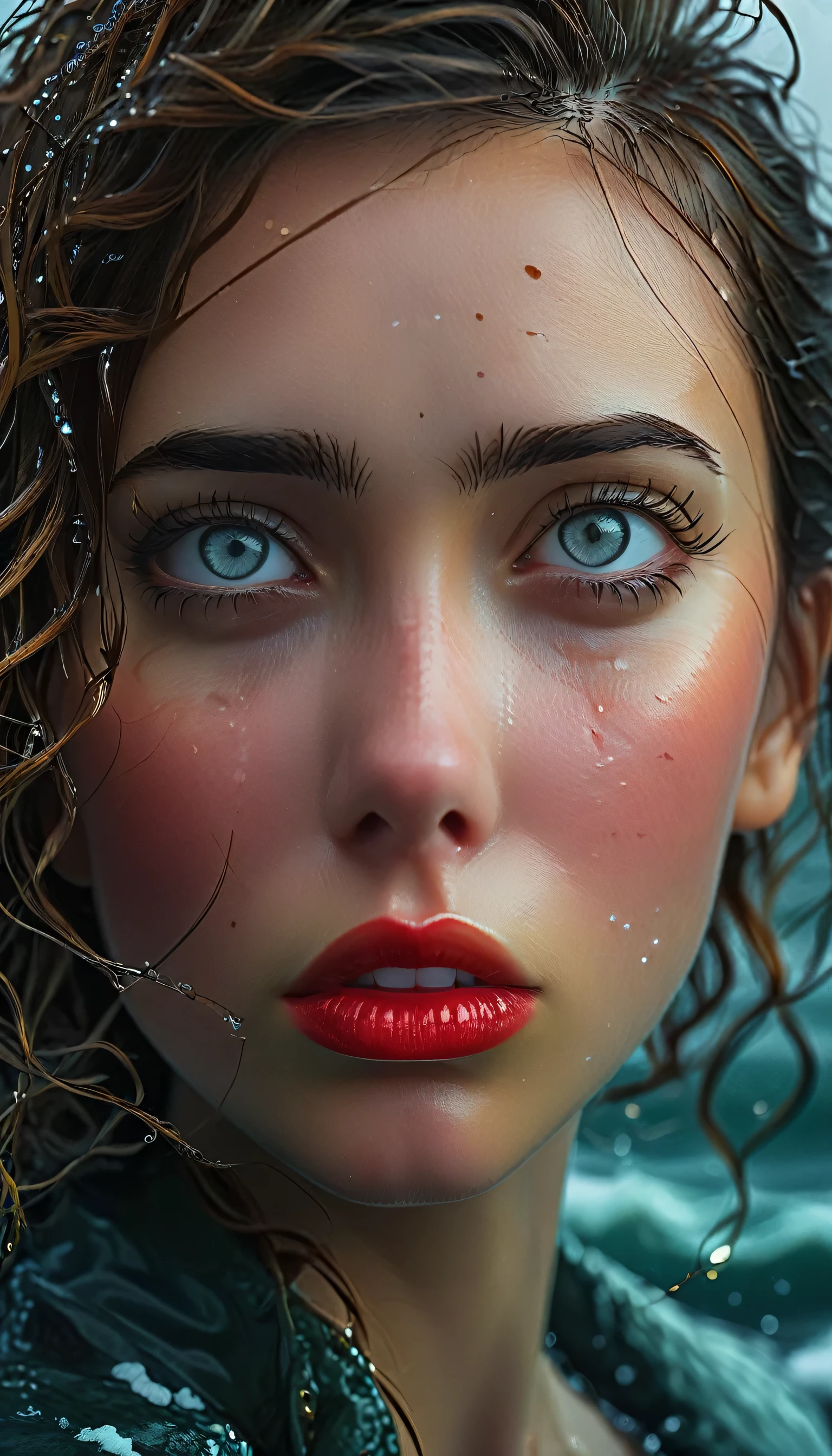 a girl in a stormy sea, realistic portrait, beautiful detailed eyes, beautiful detailed lips, extremely detailed eyes and face, long eyelashes, depression, feeling alone, fear of the unknown, tear-filled eyes, glimmer of hope, wondering if it gets better, (best quality,4k,8k,highres,masterpiece:1.2),ultra-detailed,(realistic,photorealistic,photo-realistic:1.37),HDR,UHD,studio lighting,ultra-fine painting,sharp focus,physically-based rendering,extreme detail description,professional,vivid colors,bokeh,portraits,realism,dramatic lighting,moody,somber,melancholic,cold colors,stormy sea