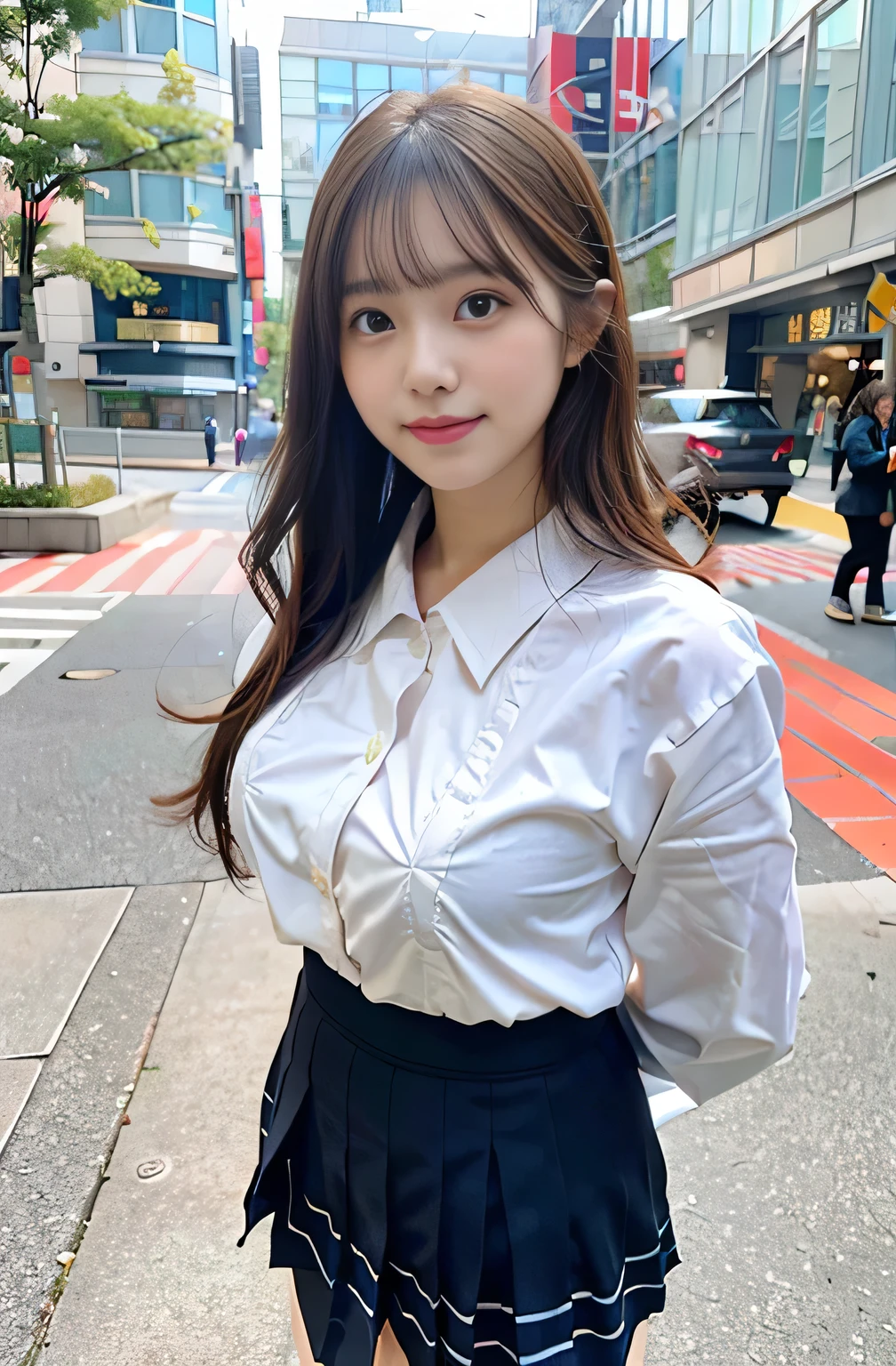 sidewalk, RAW photo, 8K, highest quality, super high resolution, beautiful face details, real human skin, gentle expression, front view, angle from below, long hair, realistic, realistic, cute, short skirt, standing deep in the city, cute , japanese uniform, wearing Japanese , surreal high school girl, full body, Large Breasts,