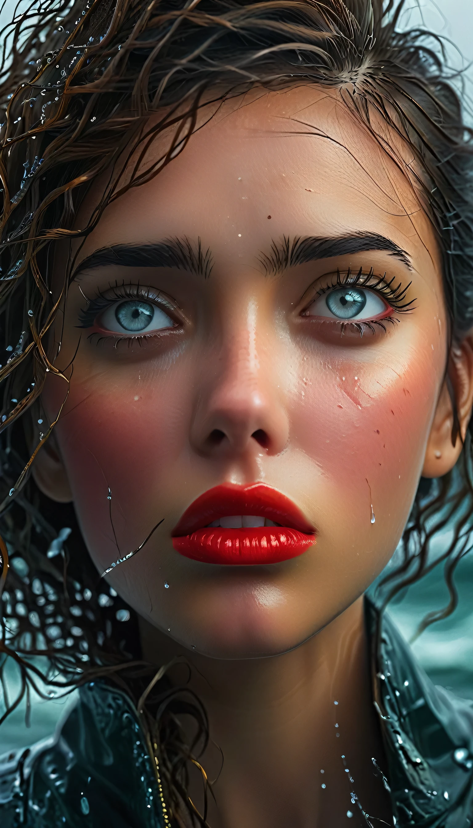 a girl in a stormy sea, realistic portrait, beautiful detailed eyes, beautiful detailed lips, extremely detailed eyes and face, long eyelashes, depression, feeling alone, fear of the unknown, tear-filled eyes, glimmer of hope, wondering if it gets better, (best quality,4k,8k,highres,masterpiece:1.2),ultra-detailed,(realistic,photorealistic,photo-realistic:1.37),HDR,UHD,studio lighting,ultra-fine painting,sharp focus,physically-based rendering,extreme detail description,professional,vivid colors,bokeh,portraits,realism,dramatic lighting,moody,somber,melancholic,cold colors,stormy sea