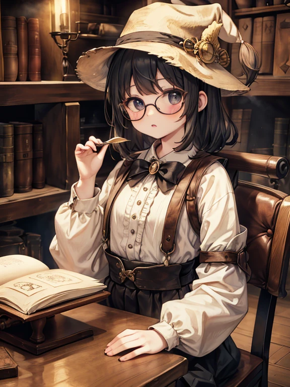 masterpiece, highest quality, Very detailed, 16k, Ultra-high resolution, Cowboy Shot, Detailed face, Perfect Fingers, 10 year old female,  black eye, Black Hair, Shortcuts, Glasses, Luxurious Western-style building, renaissance_alchemist_studio, library, Bookshelf, table, Black tea, cake, Chair, Chairに座る