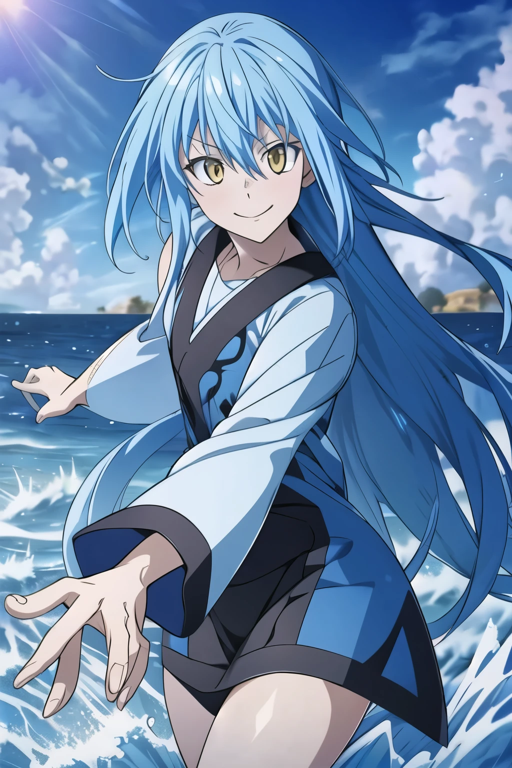 Rimuru tempest, long blue haired boy, golden yellow eyes, smiling, beach environment, (best quality,4k,8k,highres,masterpiece:1.2),ultra-detailed,(realistic,photorealistic,photo-realistic:1.37),detailed facial features, intricate clothing, serene beach landscape, crashing waves, warm sunlight, vibrant colors, cinematic lighting