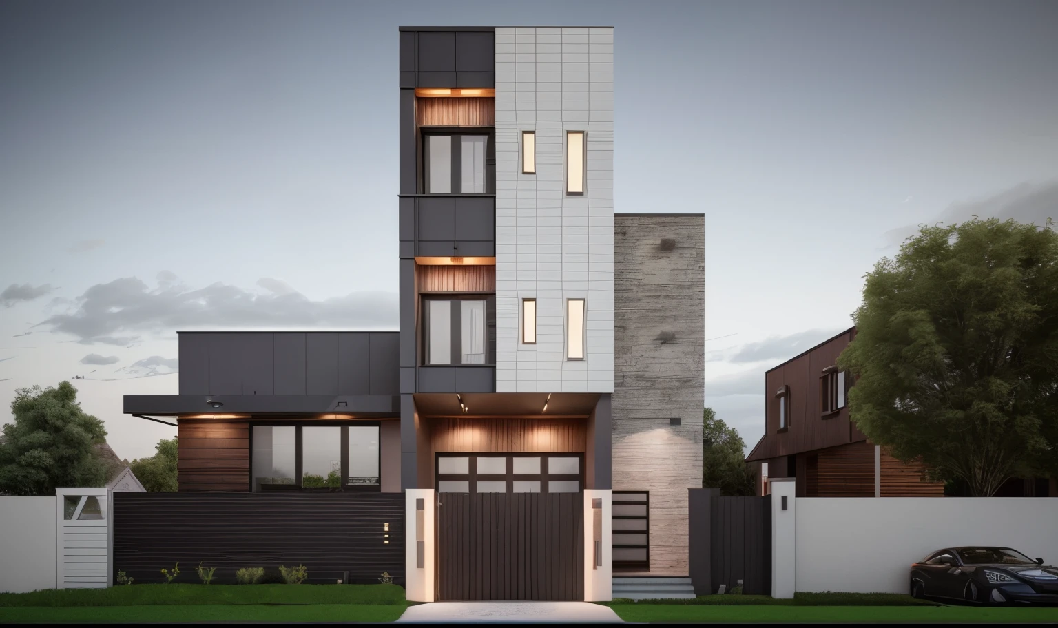 A MODERN house WITH A realistic facade, modern STYLE, sunny day, WARN LIGHT, realistic photo, 3d render, high quality,