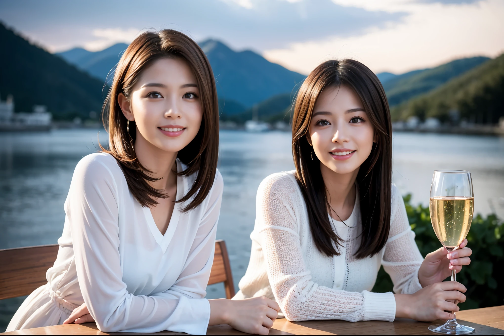 ((highest quality、8k、masterpiece:1.3))、1 male、1 female、Satomi Ishihara-like beautiful couple、Spouse、Couple、The body is slim、((Bob Hale、Straight hair:1.2)), (Realistic, Intricate details:1.2), Wine glass on the table、Shine light on your face、 Amazing view of the sunset sky and clouds、Amazing mountain views、A bright smile、The wonderfulness of smile、Bright image、The beauty of wine, Beautiful Face, blue eyes, The light shines on your face, Blushing, short hair,Bright Face、 (Age 37), "41 years old, red wine 、Appetizers、Italian food、Wine bottle、Champagne、sparkling wine、Two beauties、Brown Hair、Shortcuts、Long sleeve shirt、dress、Pretty Woman 1, (Slim face), (The body is slim), (Brown Hair), (Shortcuts), cheeks turn a little red,Attractive beauty、restaurant, In a prominent place (From the waist up) Nova Frog Style, actress, model, Upper Body, White wine, slim, wine glass, A wine glass placed in the center, smile, (smile: 1.15), Beautiful fine grain, Depth f/2,saturation, High Contrast, Strong light and shadow,Moist Body:1.5、3D texture、Delicate eyes、Brown Hair、The hair is very shiny、