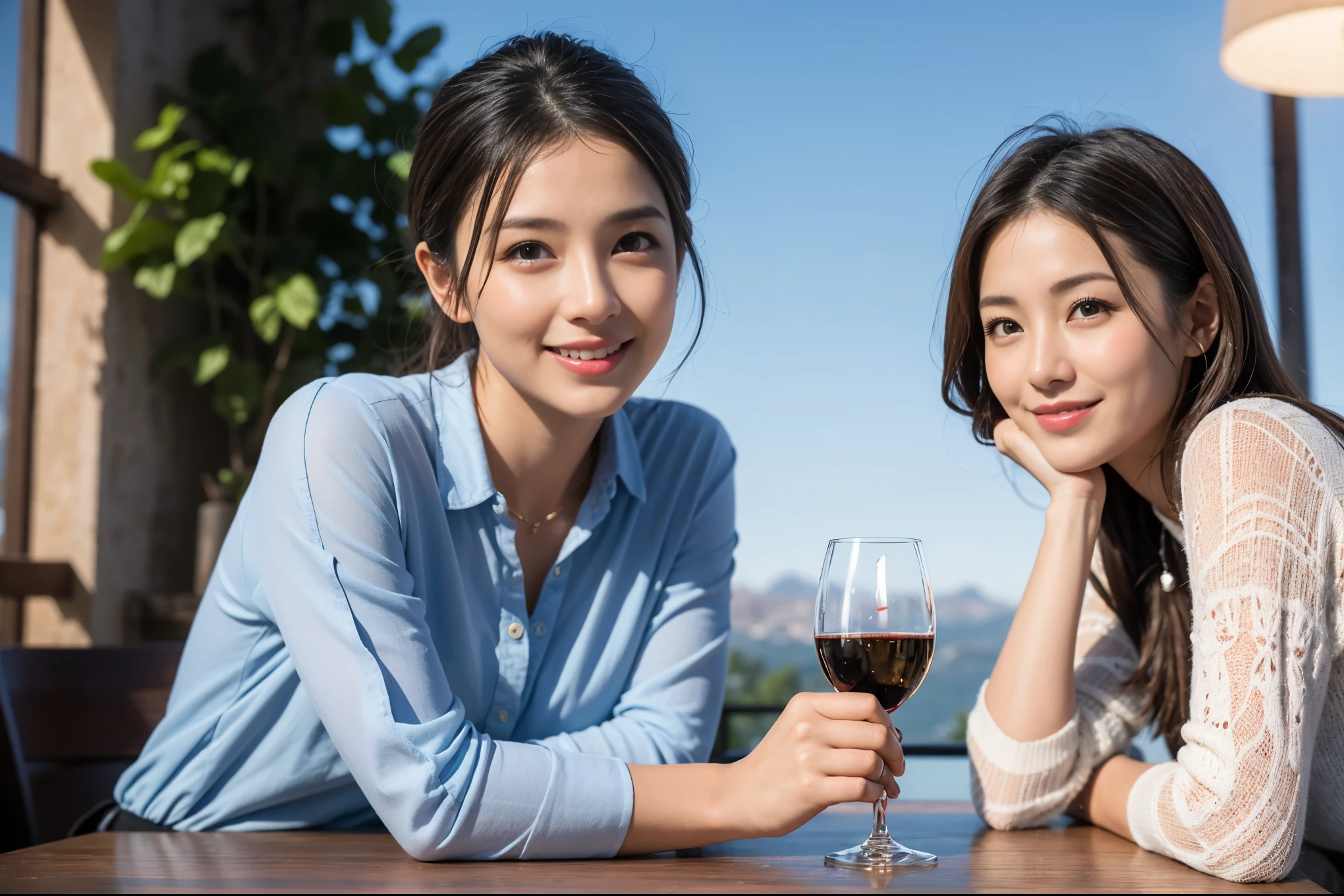((highest quality、8k、masterpiece:1.3))、1 male、1 female、Satomi Ishihara-like beautiful couple、Spouse、Couple、The body is slim、((Bob Hale、Straight hair:1.2)), (Realistic, Intricate details:1.2), Wine glass on the table、Shine light on your face、 Amazing view of the sunset sky and clouds、Amazing mountain views、A bright smile、The wonderfulness of smile、Bright image、The beauty of wine, Beautiful Face, blue eyes, The light shines on your face, Blushing, short hair,Bright Face、 (Age 37), "41 years old, red wine 、Appetizers、Italian food、Wine bottle、Champagne、sparkling wine、Two beauties、Brown Hair、Shortcuts、Long sleeve shirt、dress、Pretty Woman 1, (Slim face), (The body is slim), (Brown Hair), (Shortcuts), cheeks turn a little red,Attractive beauty、restaurant, In a prominent place (From the waist up) Nova Frog Style, actress, model, Upper Body, White wine, slim, wine glass, A wine glass placed in the center, smile, (smile: 1.15), Beautiful fine grain, Depth f/2,saturation, High Contrast, Strong light and shadow,Moist Body:1.5、3D texture、Delicate eyes、Brown Hair、The hair is very shiny、