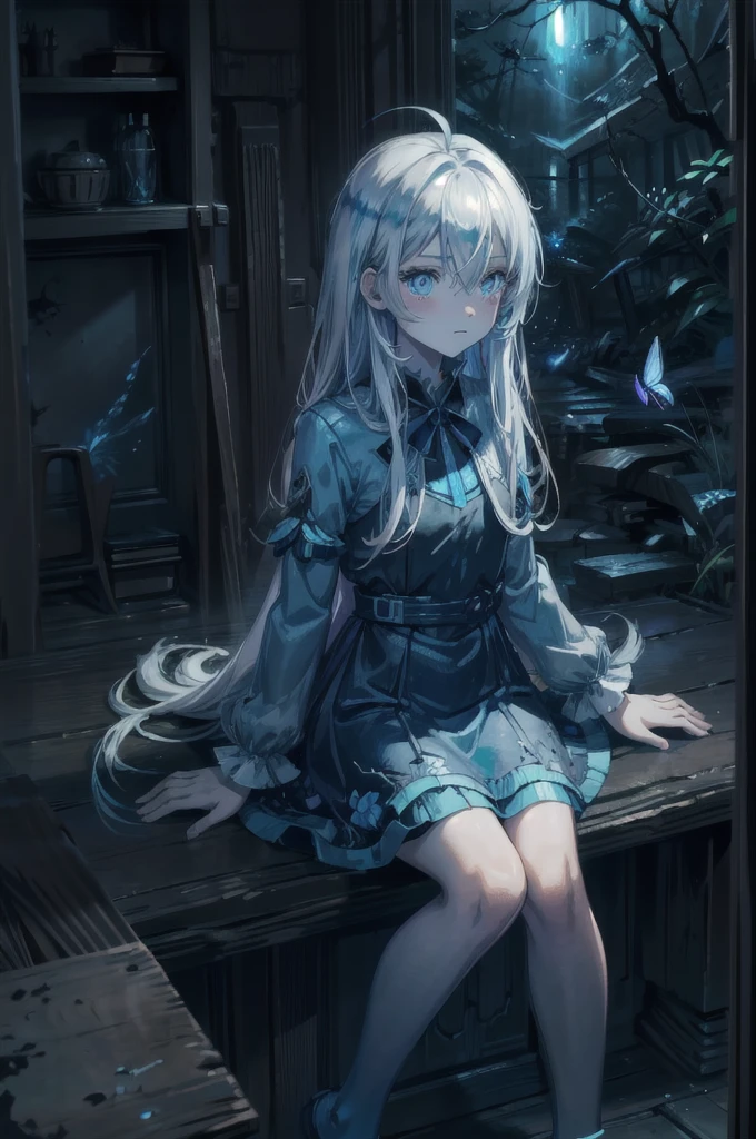 ((best quality, masterpiece, absurbres, super-resolution)), moody lighting, abstract anime illustration, 1girl, blue bioluminescent dress, glowing butterflies, night, beautiful forest, (fantasy:1.2), moonlit, blue theme, (absurdly long hair:1.2), ahoge, white hair, pale skin, beautiful blue eyes, flat chest, looking at viewer, expressionless, hair between eyes,  eerie, dark, rock, sitting
